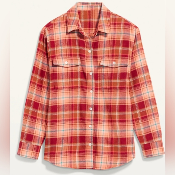2 /$15 New Old Navy Plaid Flannel Boyfriend Shirt Sz M Orange Red NWT - Picture 3 of 12